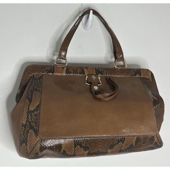 COLE HAAN Large Tan Leather Reptile Trip Handel Satchel Doctors Bag - Picture 2 of 12